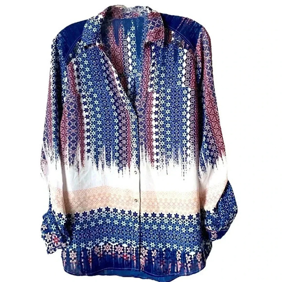 CANDIE’S |  CutOut Shoulder Roll Tab V-Neck Button Up Multicolored Blouse Size L - Picture 1 of 7
